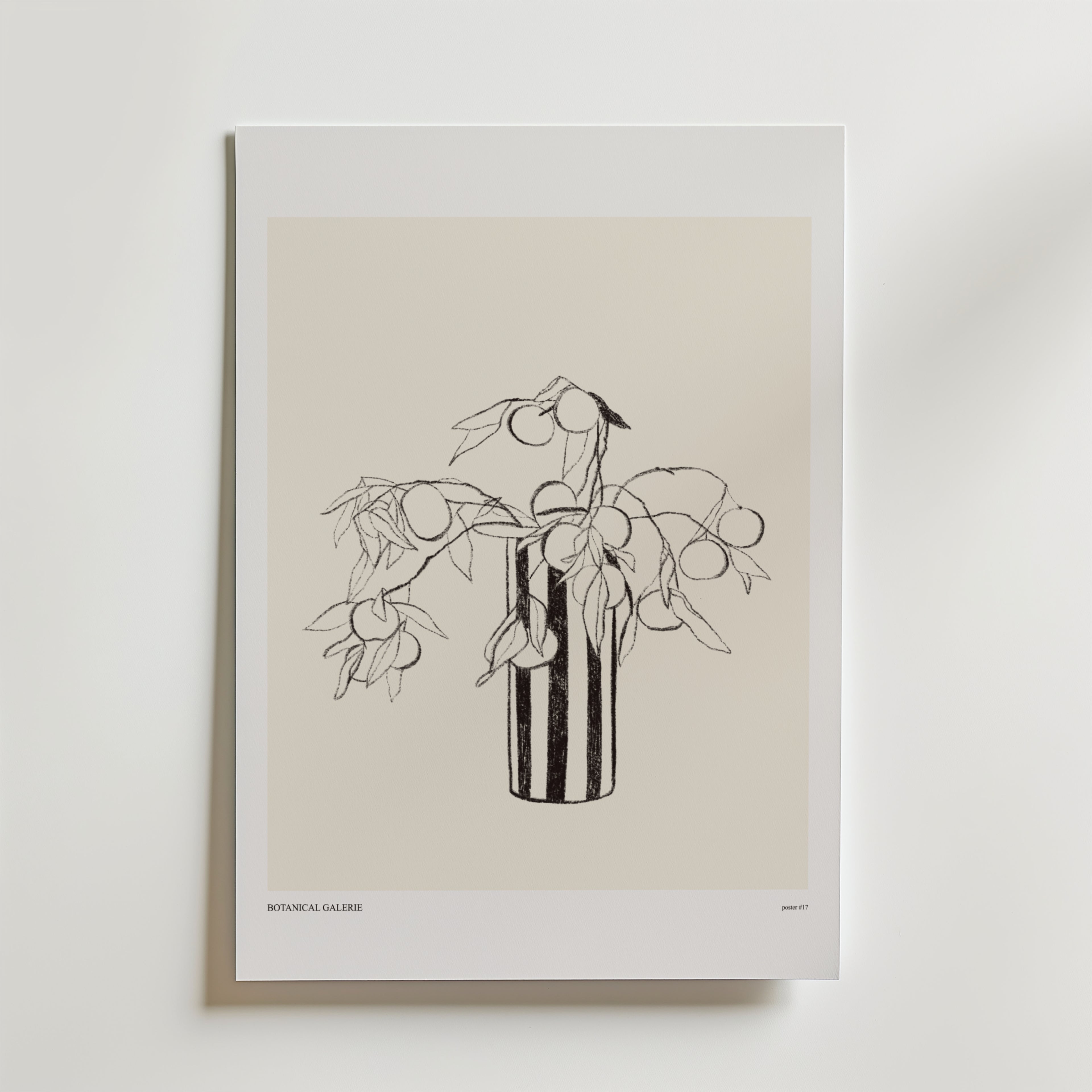 Graphic Bloom Poster från Bozetto har en minimalistisk linjeteckning av en vågig vas med bladgrenar och runda frukter på en benvit bakgrund, inramad i vitt - en perfekt inredningsdetalj för lugna, moderna interiörer.