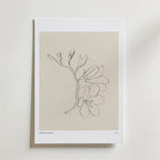 Postern Fleeting Beauty Poster från Bozetto har en minimalistisk linjeteckning av en blommande gren med blommor och knoppar på en beige bakgrund med en vit kant, vilket ger botanisk konst och skandinavisk stil till alla rum.