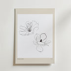 Airborne Grace Poster by Bozetto visar två svartvita magnolia linjeteckningar på en vit bakgrund med en beige kant - ett elegant val för fans av botanisk inredning och skandinaviska interiörer.