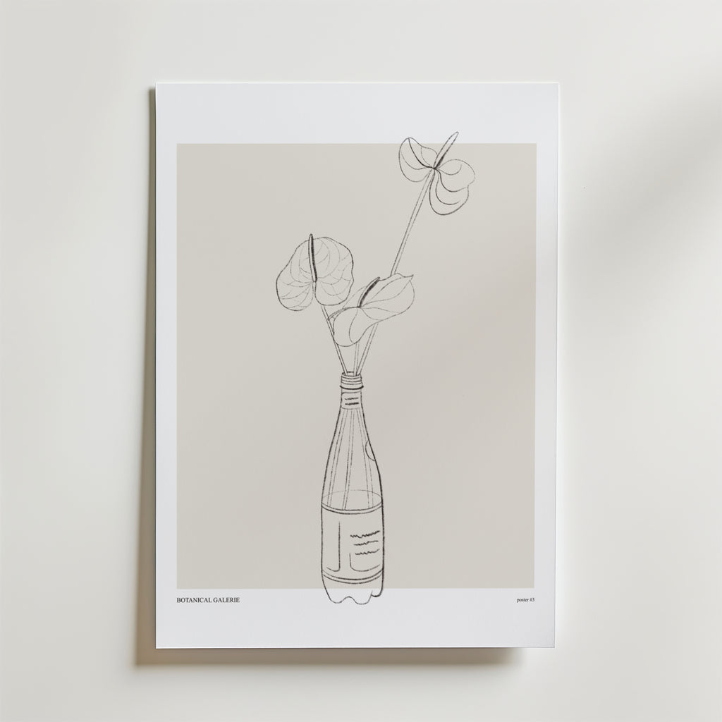 En minimalistisk linjeteckning av blommor i en flaska på en vit bakgrund med en mjuk beige kvadrat. Den eleganta Bloom Against Norms Poster by Bozetto är signerad längst ner till vänster.