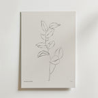 Breath Of Green Poster by Bozetto har en minimalistisk linjeteckning av en bladväxt på en vit canvas som för tankarna till naturens renhet, med "BOTANICAL GALLERY" tryckt i liten text i det nedre vänstra hörnet.