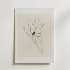 Petals Of Thought Poster från Bozetto: En minimalistisk blomillustration i full blom och knoppar på beige bakgrund, tryckt med vit kant. Perfekt för en lugn och elegant inredning.