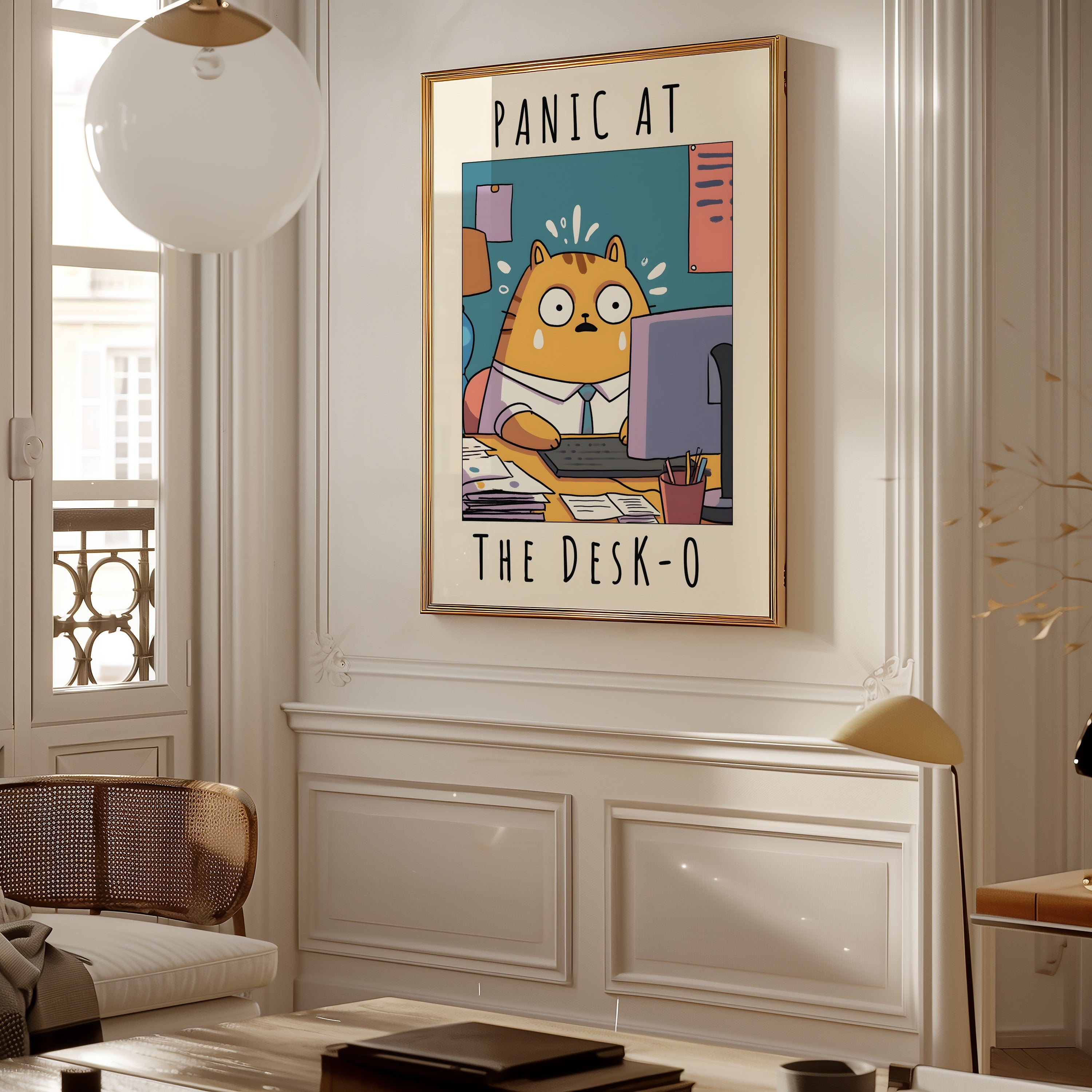 Corporate Panic Cat poster i inramad rumsmiljö – Bozetto konsttryck i hög kvalitet
