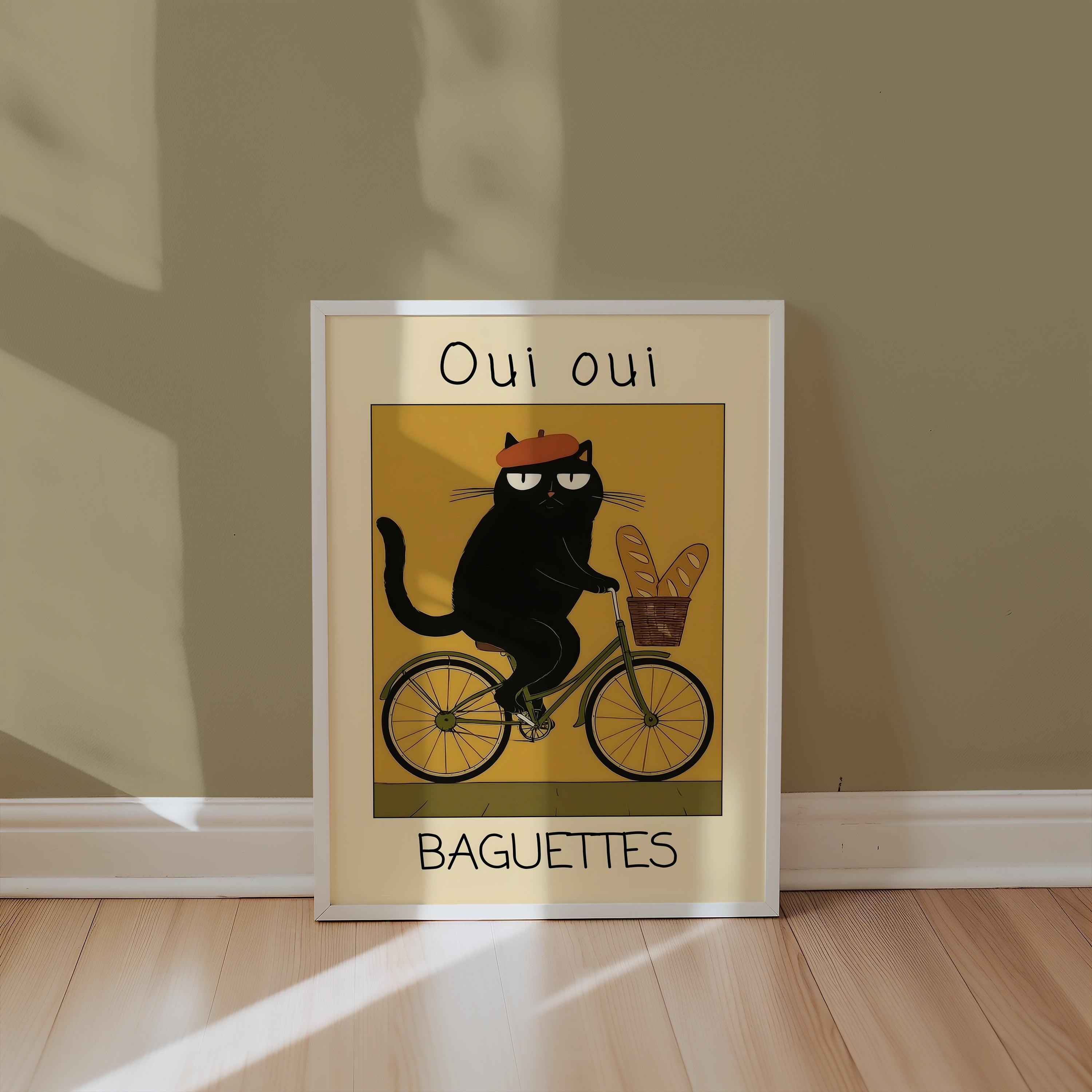 French Baguette Cat poster på vägg i inrett rum – Bozetto affisch i hög kvalitet