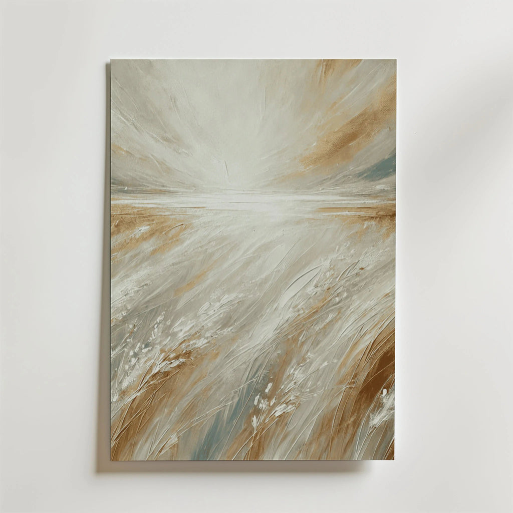 Bozetto Whispers in Wheat Poster har mjuka beige, bruna och vita penseldrag som högt gräs under en ljus himmel, vilket skapar ett fridfullt och luftigt landskap på premiumpapper.