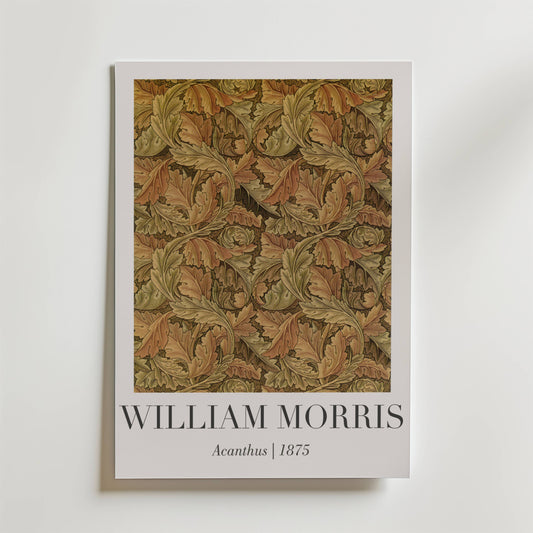 Bozetto William Morris Acanthus 1875 Poster visar intrikata akantusbladsmönster i jordnära toner. Nedanför designen står texten: WILLIAM MORRIS, Acanthus | 1875.