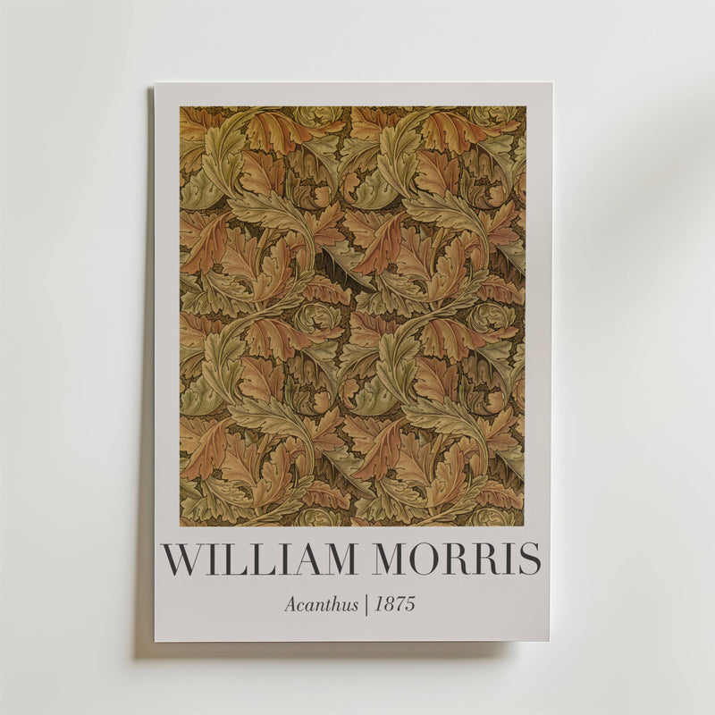 Bozetto William Morris Acanthus 1875 Poster visar intrikata akantusbladsmönster i jordnära toner. Nedanför designen står texten: WILLIAM MORRIS, Acanthus | 1875.